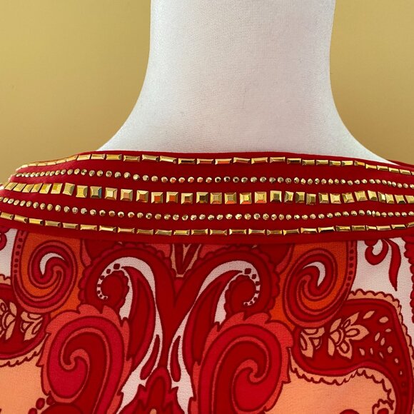 Stunning Size 6 dress in brilliant red, orange and salmon with gold beading - Picture 2 of 4